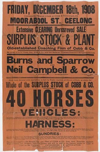Poster - Cobb & Co. Clearing Sale, Geelong, 8 Dec 1908