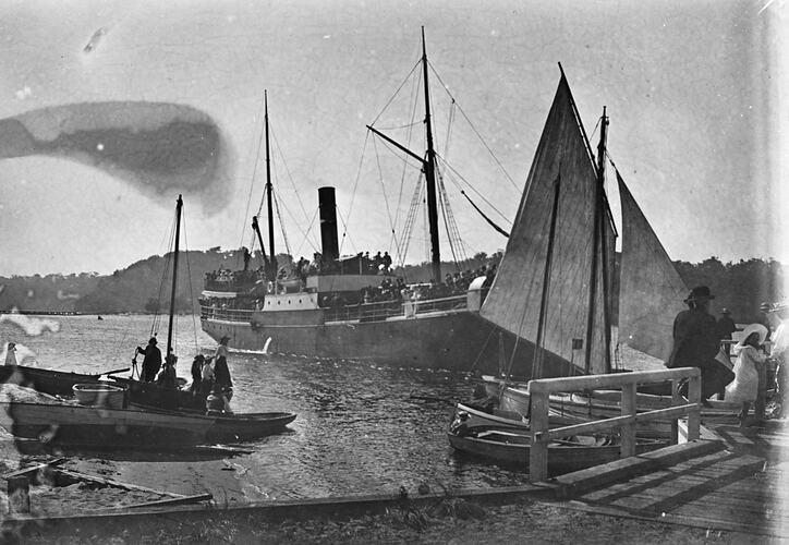 View of bay from jetty. Multiple boats moored; a cargo steamer and smaller sail boats.