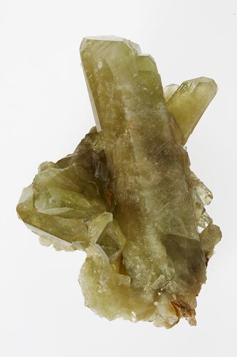 Green-yellow column-like crystal specimen.