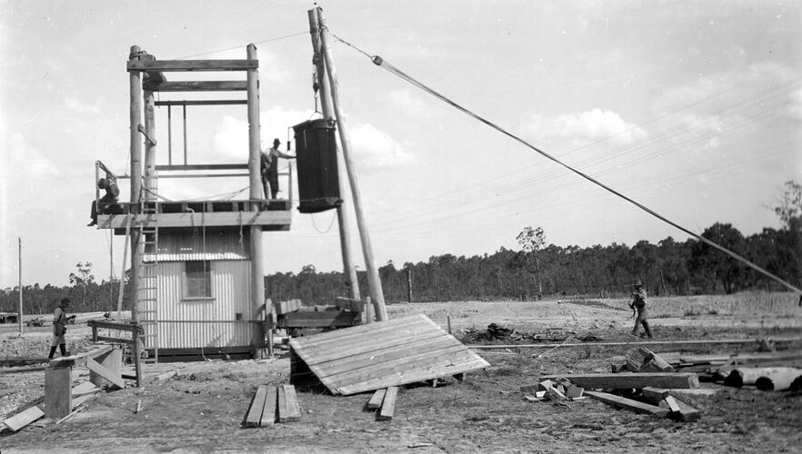 [Raising a transformer using a pulley, Yallourn, early 1920s.]