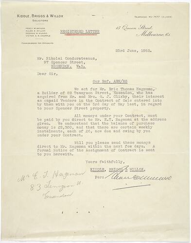 Registered Letter - Kiddle, Briggs & Willox, Solicitors to N Condurateanu, 23 Jun 1952