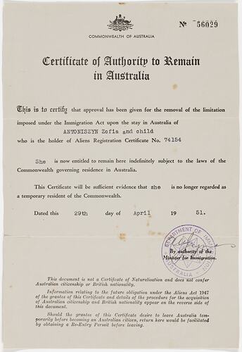 Certificate - Authority to Remain in Australia, Issued to Zofia Antoniszyn & child, Commonwealth of Australia, 29 Apr 1951