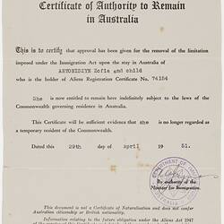 Certificate - Authority to Remain in Australia, Issued to Zofia Antoniszyn & child, Commonwealth of Australia, 29 Apr 1951