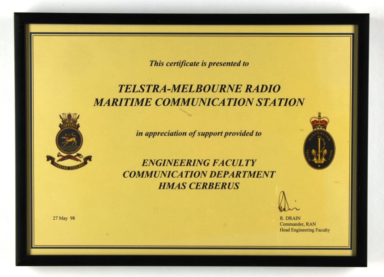 Framed Certificate Presented to TelstraMelbourne Radio Maritime