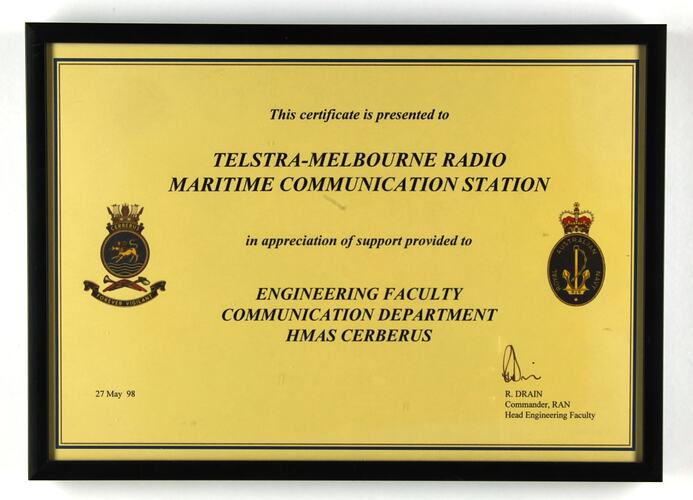 Framed Certificate - HMAS Cerberus, Melbourne Coastal Radio Station, 1998