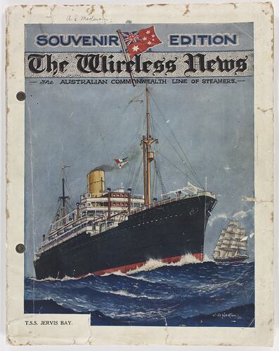Front cover is blue with a colour image of a steamship at sea. Text above.