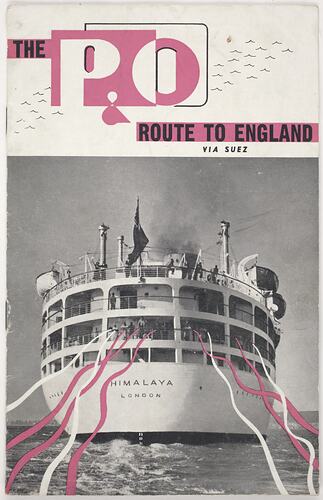 Cover of brochure with red, black and white printed image of cruiser ship.