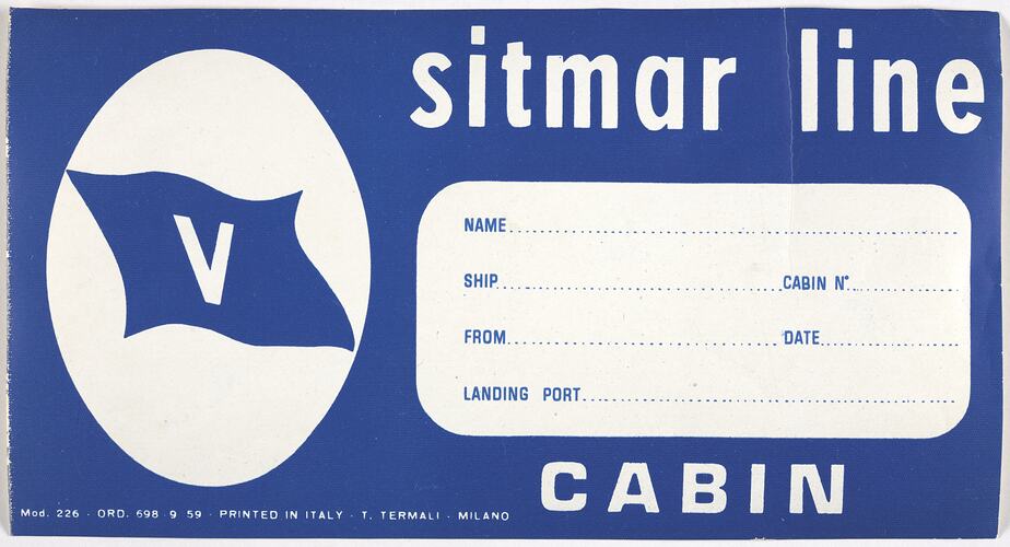 Baggage Label - Sitmar Line, Cabin