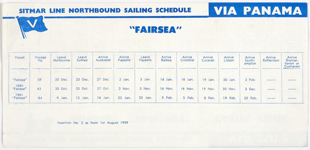 Leaflet - Northbound Sailing Schedule via Panama, MV Fairsea, Sitmar Line