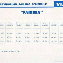 Leaflet - Northbound Sailing Schedule via Panama, MV Fairsea, Sitmar Line, circa 1959