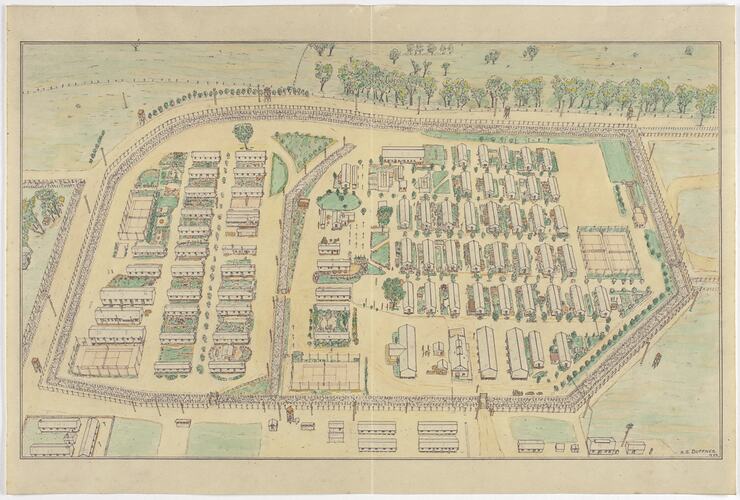 Hand-drawn colour aerial plan of internment camp.