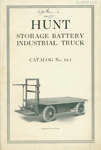 1914 catalog print of industrial battery truck.