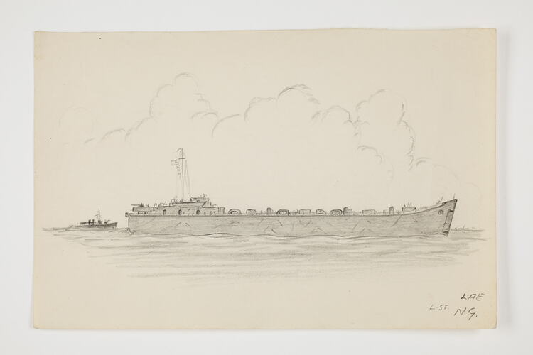 Drawing of a military ship on off-white paper.