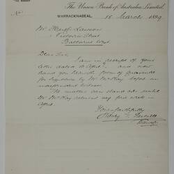 Letters - Guarantee of Bank Overdraft for Employee, H.V. McKay, 1899