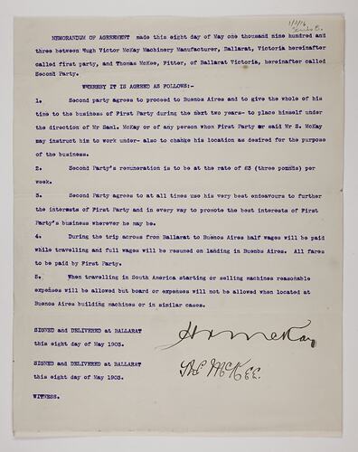 Memorandum of Agreement - H. V. McKay & Thomas McKee, 8 May 1903