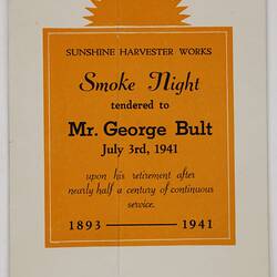 Programme - 'Smoke Night Tendered to Mr George Bult', Sunshine Harvester Works, 1941