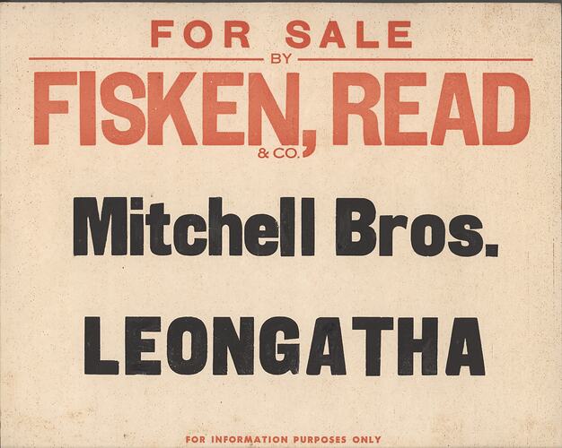 Stock Card - 'Fisken, Read & Co', Mitchell Bros., Newmarket Saleyards, Newmarket, before 1987