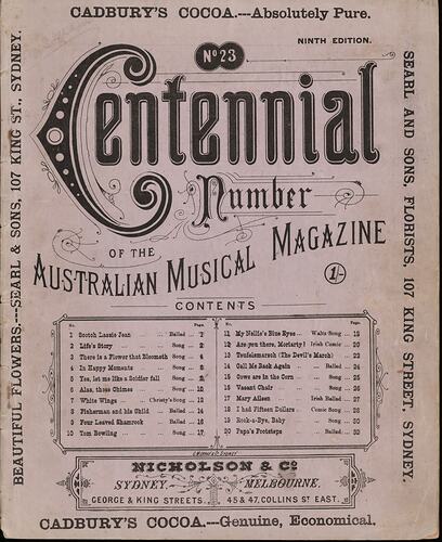 Song Book - Australian Musical Magazine,'Centennial Number', Nicholson & Co., Sydney