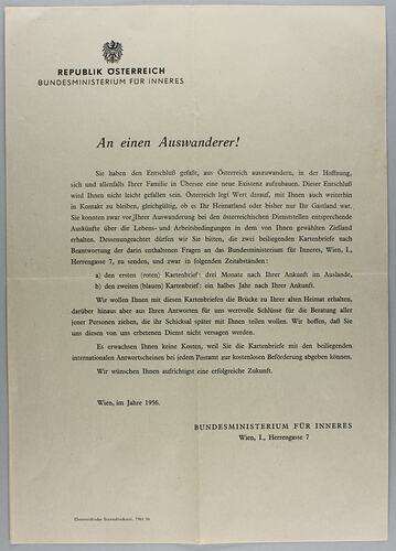 Letter - Issued by Department of the Interior, Vienna, Austria, 1956