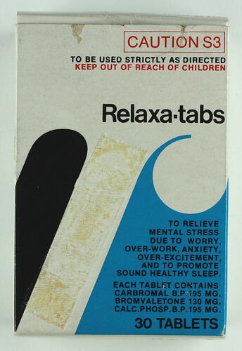 Packet - Drug, Relaxa-tabs (Carbromal and Bromvaletone), H.W. Woods Pty. Ltd., Huntingdale, Victoria, circa 1960