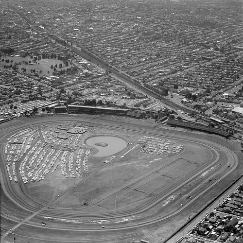 Negative - Aerial View of Caulfield Racecourse & Surrounding Suburb, Victoria, 20 Dec 1969