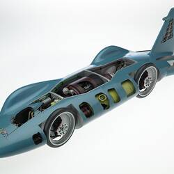 Blue model car with sectioned areas showing the internal components.