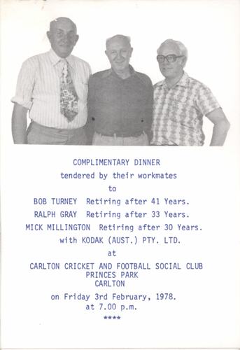 Typed menu cover with photo of three men.