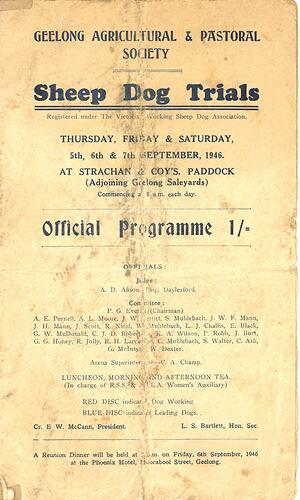 Program - Geelong Agricultural & Pastoral Society, 'Sheep Dog Trials', 1946