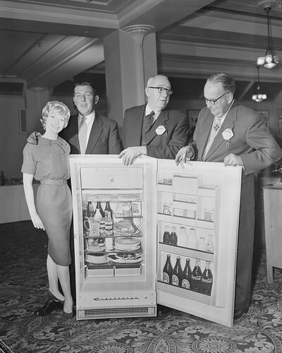 Electrolux Ltd, Men Standing with Refrigerator Display, Victoria, 10 Aug 1959