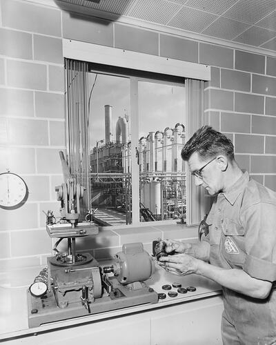 Australian Carbon Black, Worker Using Equipment, Altona, Victoria, 14 Aug 1959