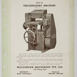 Illustrated with thicknessing machine and descriptive printed text.