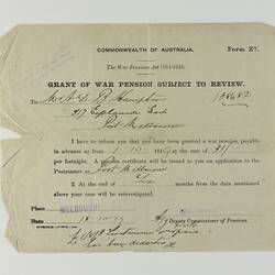 Certificate - War Pension Granted, Aubrey Lionel Bertram Hampton, 18 Oct 1919