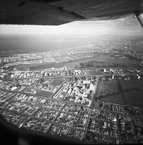 Monochrome aerial photograph of Melbourne.