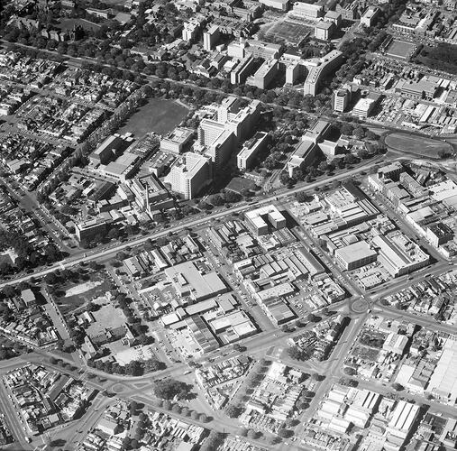 Monochrome aerial photograph of Melbourne.