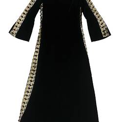 Full-length black dress with bronze sequins down sides.