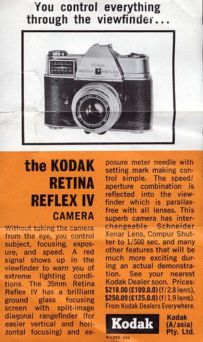 Printed leaflet with text and photograph of camera.