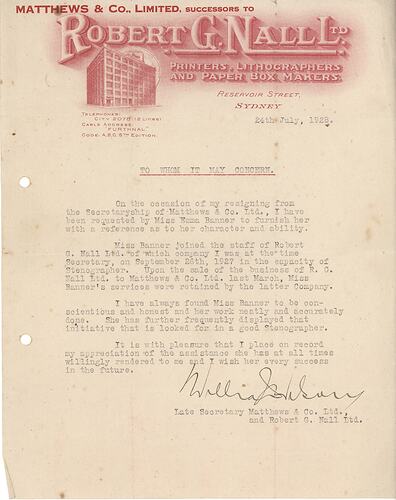 Letter - Employment Reference for Esma Banner, Robert G. Nall Ltd Printers, Lithographers & Paper Box Makers, Sydney, 24 Jul 1928