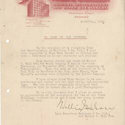 Letter - Employment Reference for Esma Banner, Robert G. Nall Ltd Printers, Lithographers & Paper Box Makers, Sydney, 24 Jul 1928
