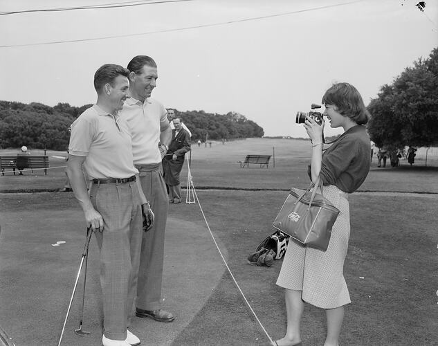 Dunlop Australia Ltd, Woman Photographing Two Men, Royal Melbourne Golf Club, Victoria, 20 Nov 1959