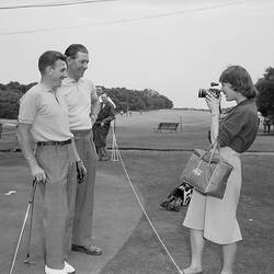 Dunlop Australia Ltd, Woman Photographing Two Men, Royal Melbourne Golf Club, Victoria, 20 Nov 1959