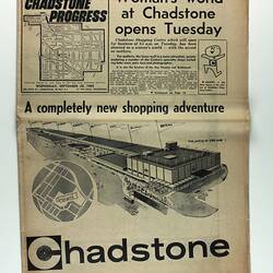 Front of newspaper with drawing of shopping centre