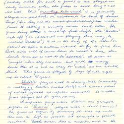 First page of a handwritten letter in blue ink on lined paper; three pages with text printed on both sides of