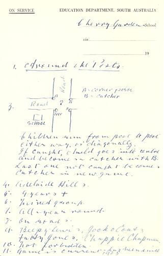 Handwritten game description in blue ink on paper
