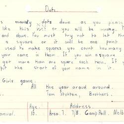 Document - Frank Syaranamual, Addressed to Dorothy Howard, Description of Paper & Pencil Game 'Dots', 11 Aug 1954