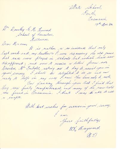 Handwritten letter in blue ink on paper