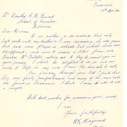 Letter - W. K. Hayward, to Dorothy Howard, Confirmation of Assistance with Survey of Children's Play at Tasmanian State School, 19 Nov 1954