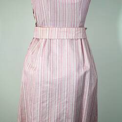 Back of short-sleeved pink striped dress.