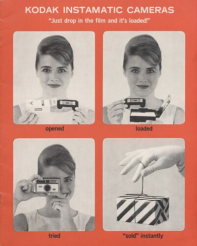 Printed page with photographs of woman using camera.