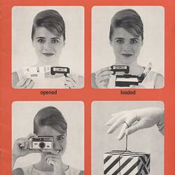 Printed page with photographs of woman using camera.