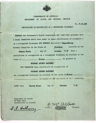 Certificate - Qualifications Recognition for Stanley Hathaway, Commonwealth of Australia, Dept of Labour & National Service, 31 Oct 1957